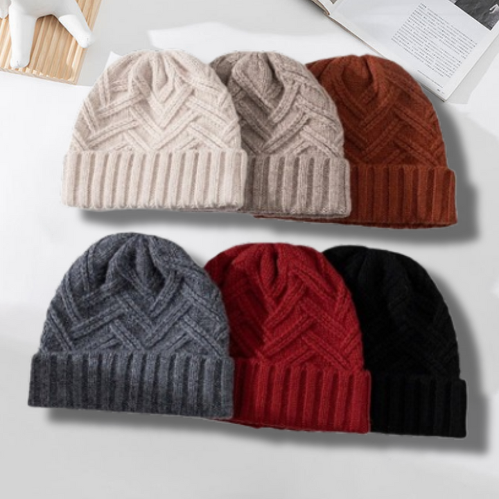 Close-up of the chevron knit texture on a fashionable unisex beanie, highlighting the craftsmanship