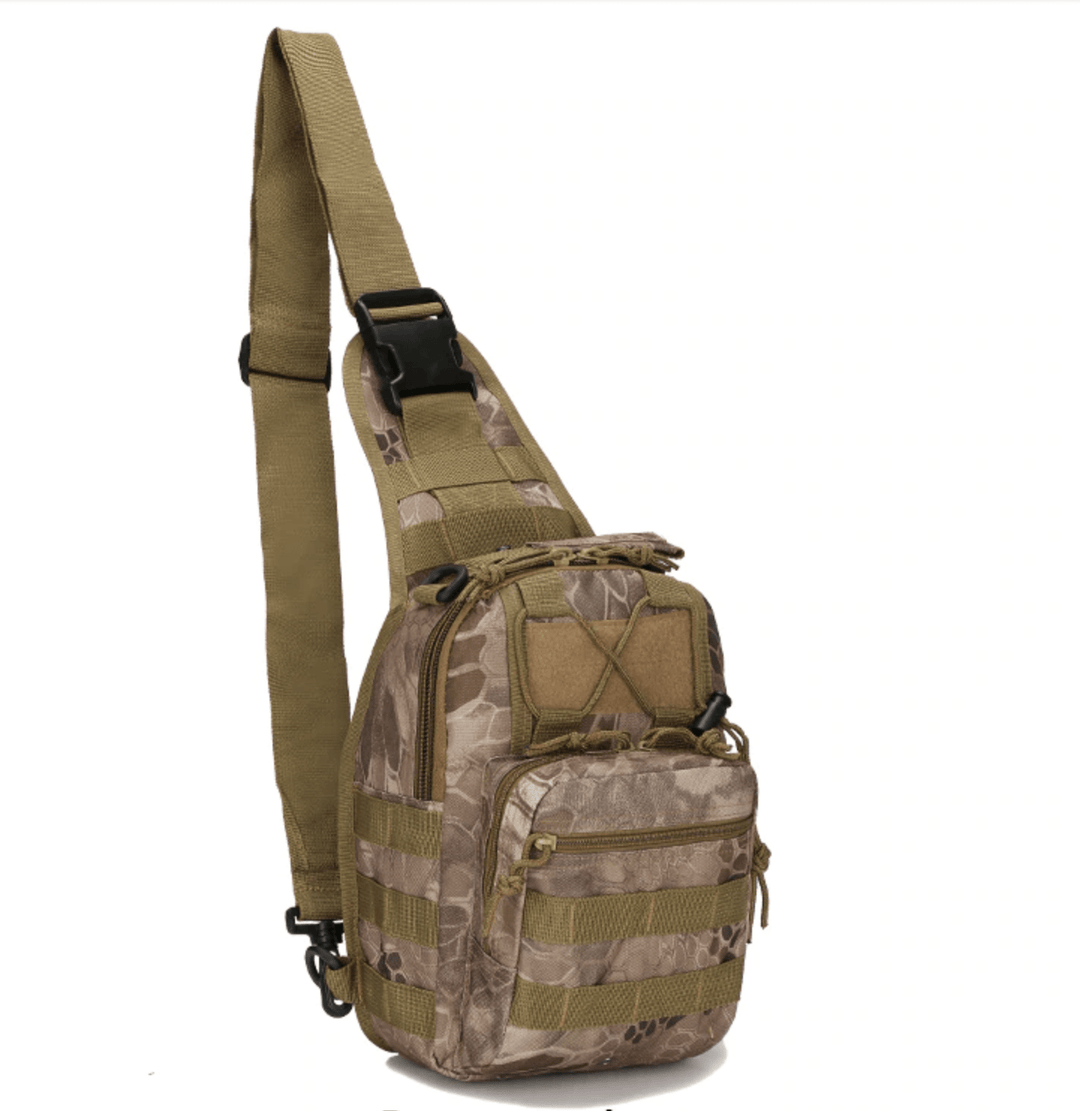 Unisex Easy Day Tactical Backpack, black nylon, side view with MOLLE webbing and utility pockets.