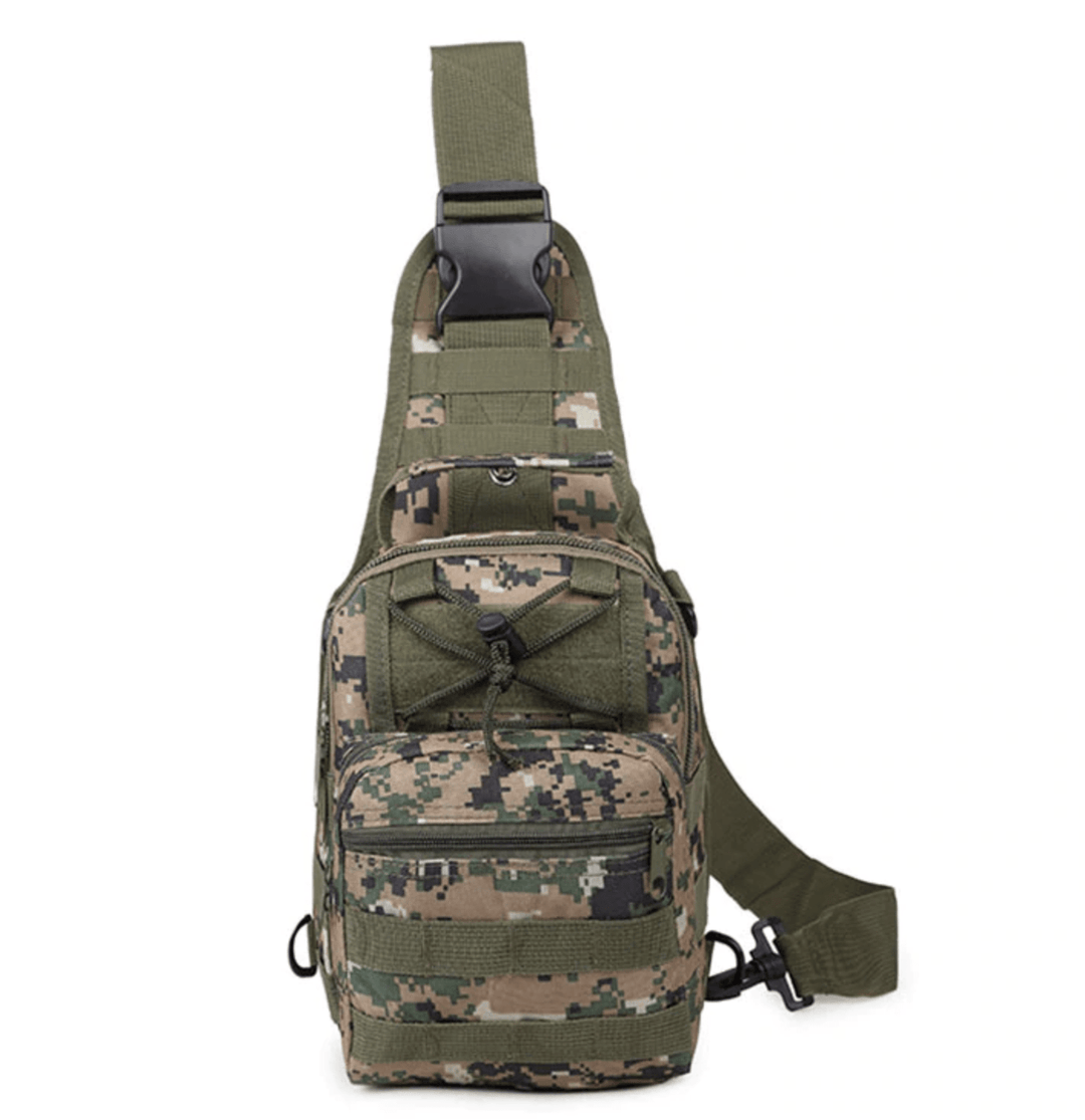 Unisex Tactical Daypack in multi-cam camo, outdoor shot, perfect for travel and utility.