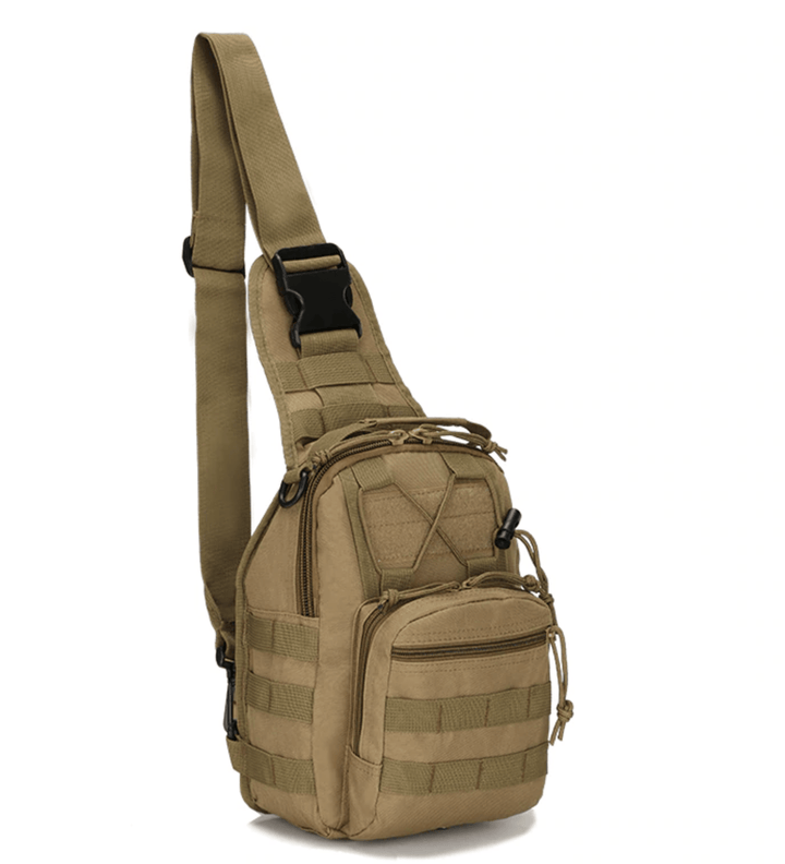 Side view of the Easy Day Tactical Backpack with water bottle pocket, ideal for outdoor activities.
