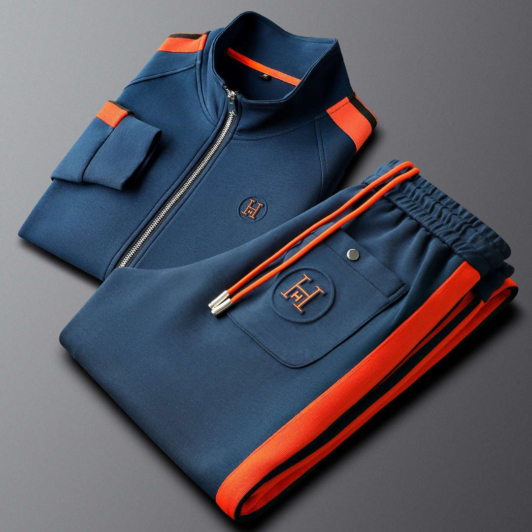 Back view of embroidered hoodie and joggers set, stylish and comfortable athletic wear