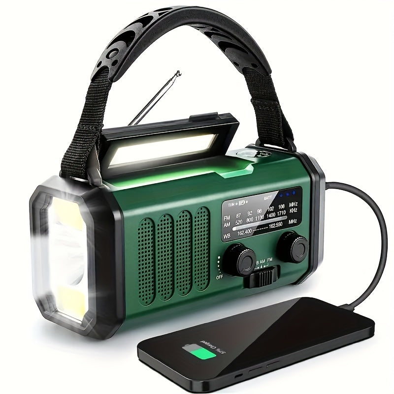 Emergency preparedness radio with 10000mAh power bank, NOAA weather & multiple charging.