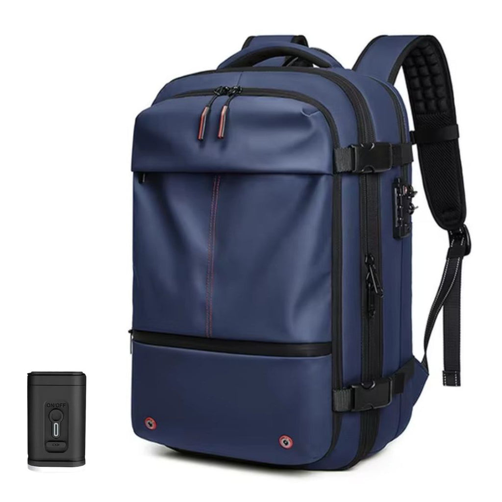 Ergonomic gray unisex travel backpack, open to reveal spacious compartments, perfect for a laptop and all travel essentials.
