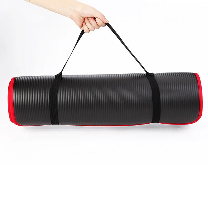 Portable extra thick anti-slip yoga mat. Rolls up easily for storage. Perfect for comfortable home gym yoga & workouts.