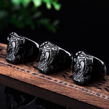 Unisex FengShui PiXiu Black Obsidian Strength Ring - Lexians