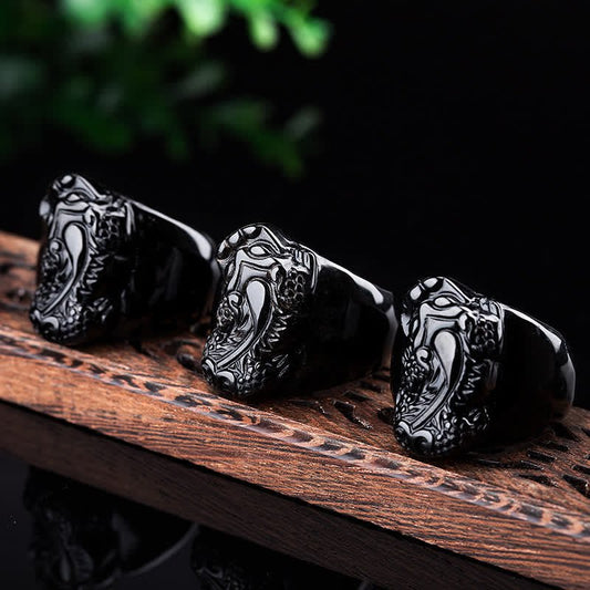 Unisex FengShui PiXiu Black Obsidian Strength Ring - Lexians