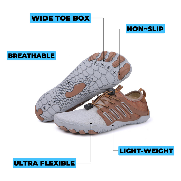 Pair of unisex flexible lightweight barefoot shoes, promoting natural foot health.