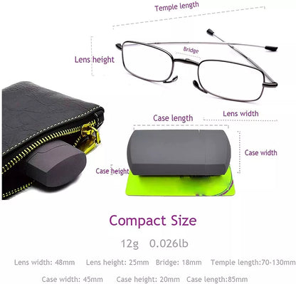 Unisex folding reading glasses with case, black compact frame, durable HD lenses, portable and stylish design for travel.