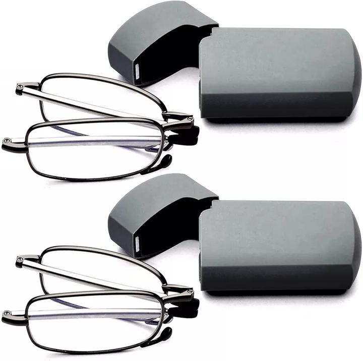 Unisex folding reading glasses with case, black compact frame, durable HD lenses, portable and stylish design for travel.