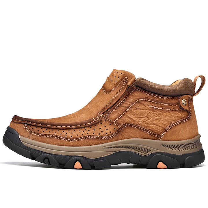 Black leather high-top shoes for men and women, offering orthopedic comfort and posture alignment