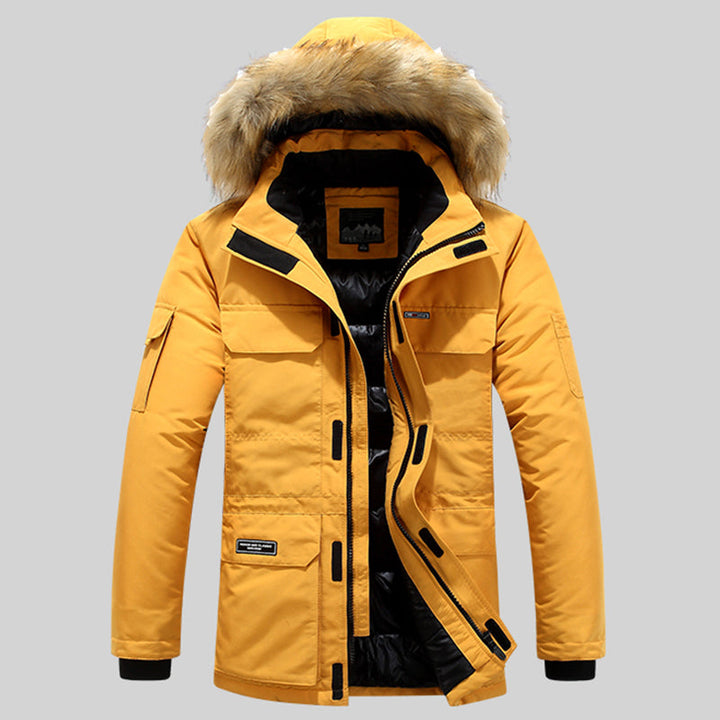Unisex insulated winter parka jacket with a snowy mountain background, ideal for cold climates