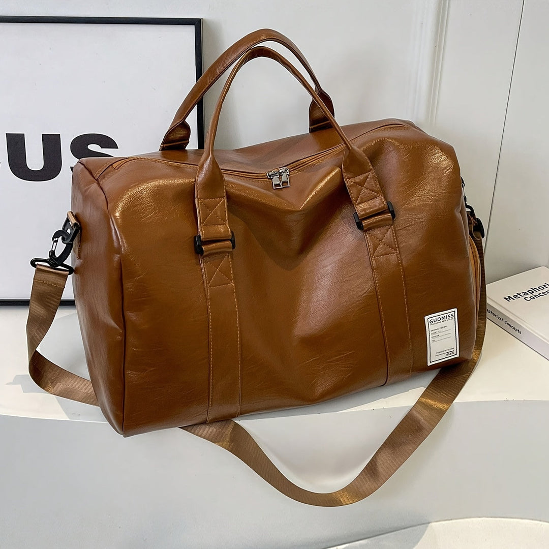 Elegant genuine leather duffle bag, perfect as a unisex travel bag or gym bag, interior view with ample space