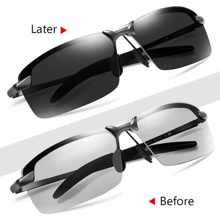Sports & driving unisex photochromic polarized sunglasses; adaptive lenses for glare reduction & UV protection.