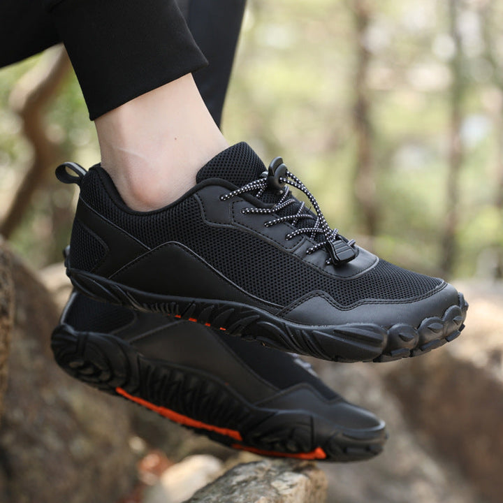 Breathable outdoor wide toe box trainers, men's & women's, orthopedic support, barefoot feel.