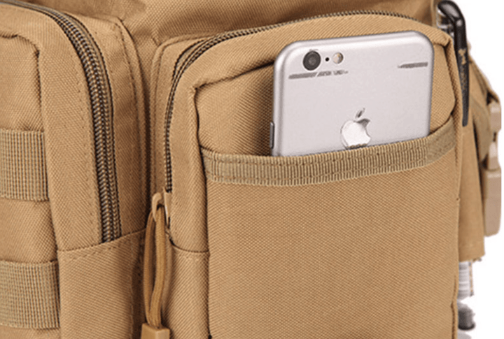 Open compartment of the thigh bag, displaying interior capacity for phone, wallet & small items
