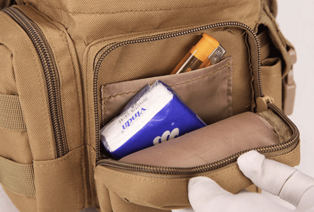 Water-resistant outdoor gear: nylon thigh bag and waist pack for all-weather hiking protection