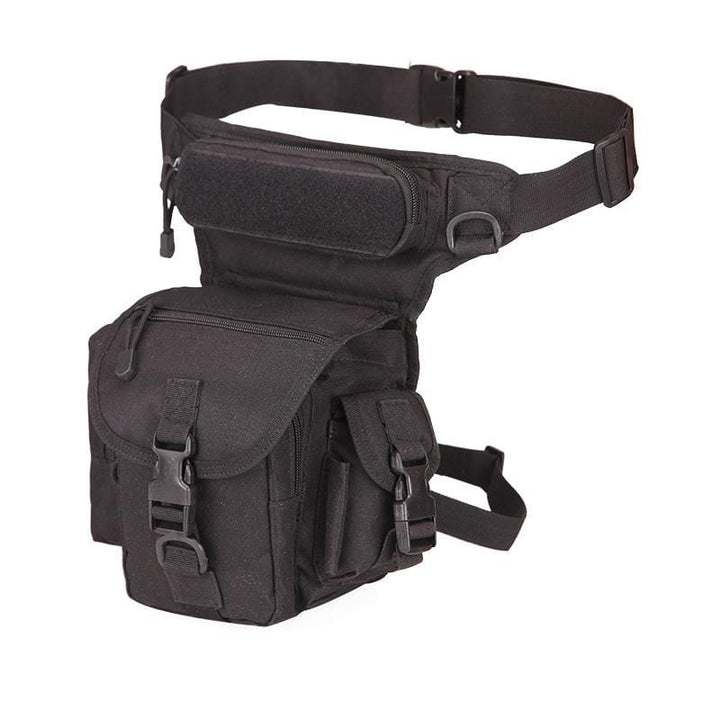 Hiking thigh bag worn by a person, showing adjustable straps & secure fit for outdoor adventure