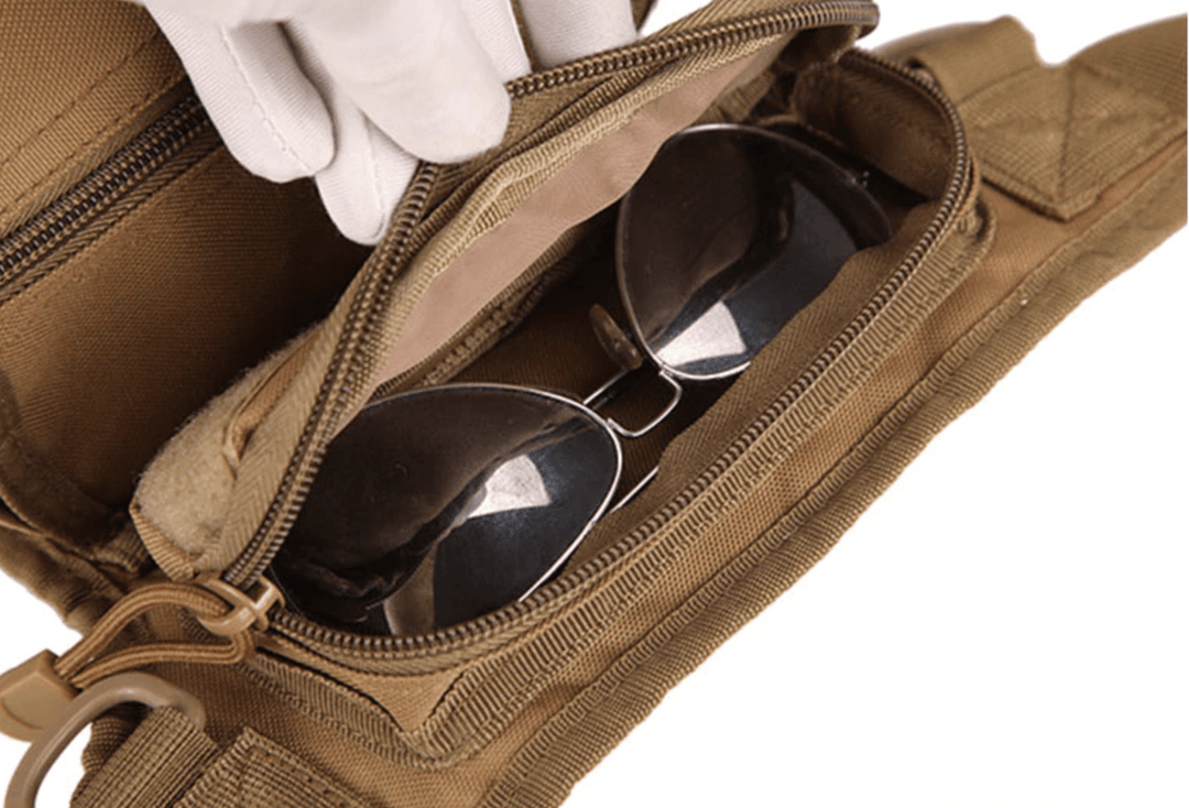 Unisex thigh bag for hiking, shown with an average adult for scale, highlighting its practical size