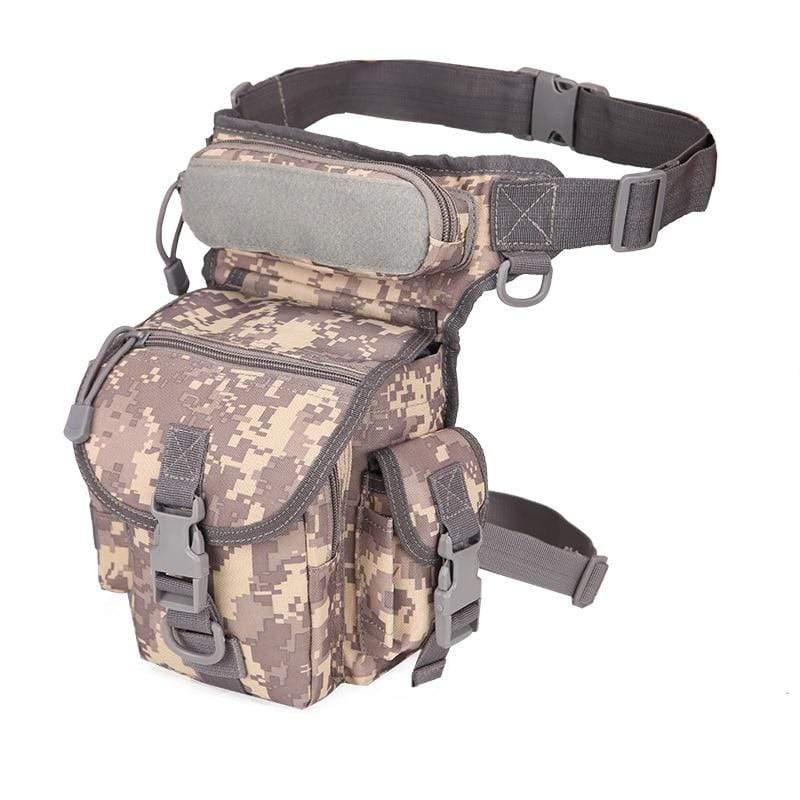 Front view of a black outdoor thigh bag, showcasing MOLLE webbing & sturdy construction