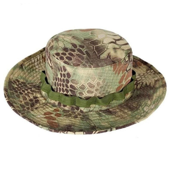 Front angle of an adjustable wide brim outdoor hat, showing its utility as a sniper-style bucket hat.