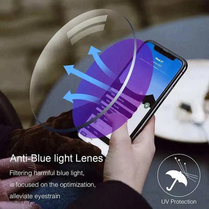 Multifocal progressive anti-blue light glasses, perfect for reading & outdoor sun protection.