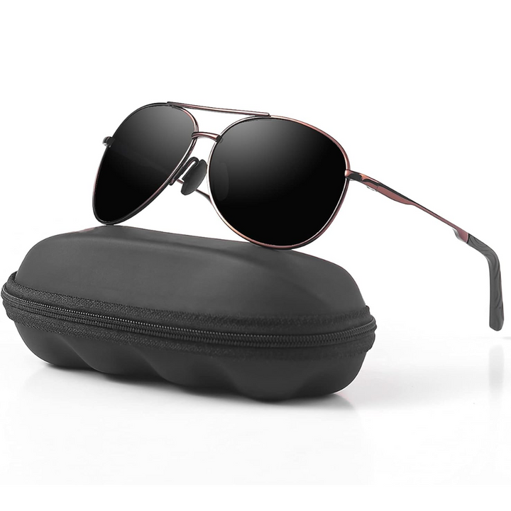 Sleek metal frame unisex aviator sunglasses. Polarized lenses provide UV400 sun protection eyewear for outdoors.