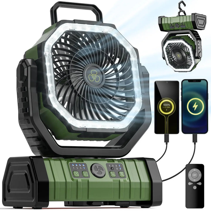 Unisex portable camp fan with LED light & power bank for outdoor adventures. Rechargeable USB travel fan.