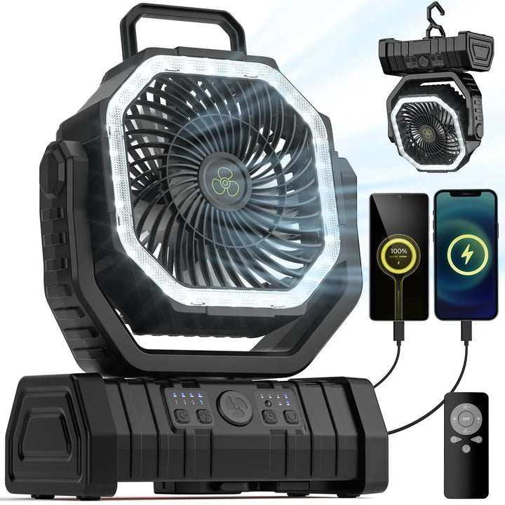 Portable fan with bright LED light and USB power bank. Rechargeable for camping, travel, and emergencies.