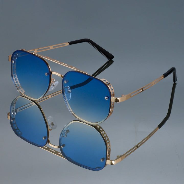 Close-up of unisex retro oval sunglasses, showing polycarbonate lenses and UV400 sun protection.