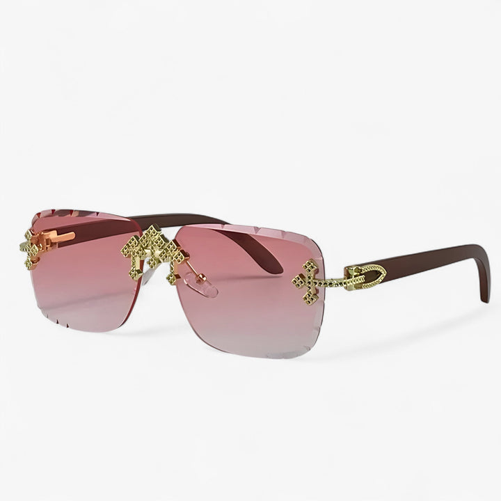 Model wearing stylish unisex rimless steampunk sunglasses with unique metal frame, fashion eyewear.