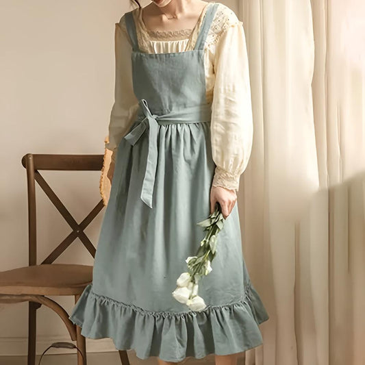 Unisex Rustic Ruffle Linen Apron with Front Pocket - Lexians