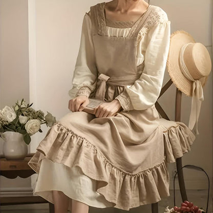 Unisex Rustic Ruffle Linen Apron with Front Pocket - Lexians