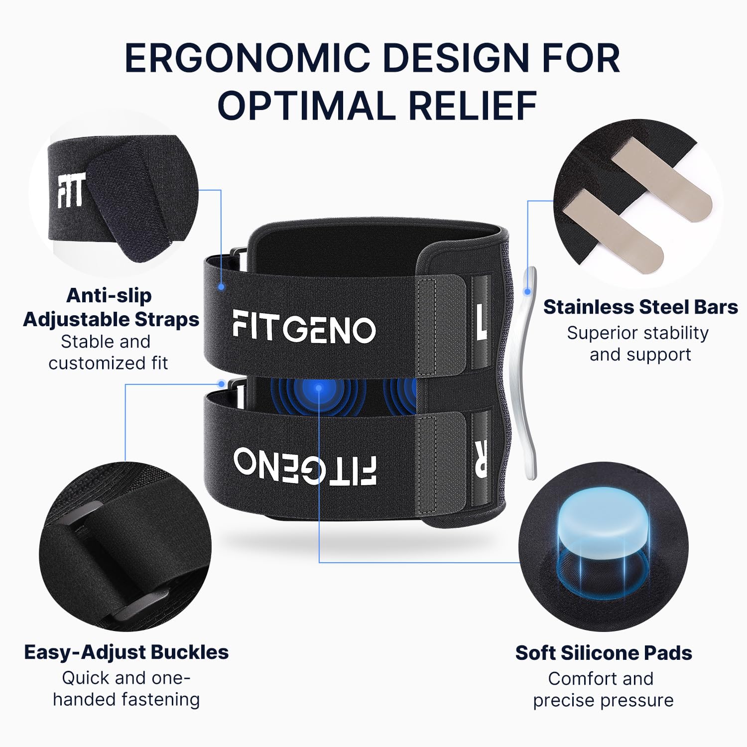 Unisex sciatica relief knee brace with dual silicone pads, snug fit, adjustable straps, visible steel support bars, latex-fre