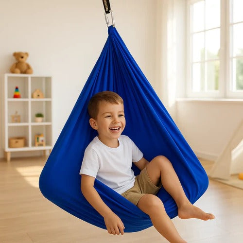 Unisex sensory swing hammock for indoor and outdoor use, blue, crafted fabric supporting up to 300 kg, transforms any space.