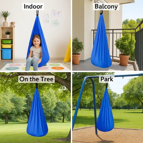 Unisex sensory swing hammock for indoor and outdoor use, blue, crafted fabric supporting up to 300 kg, transforms any space.
