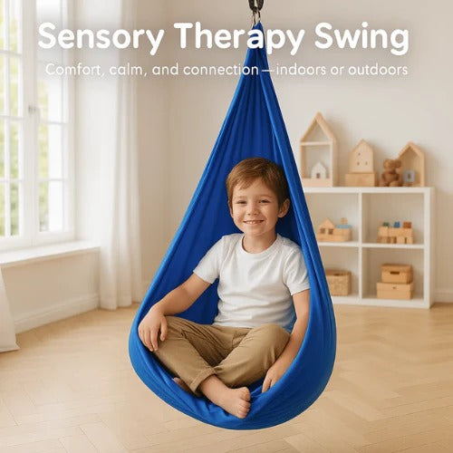 Unisex sensory swing hammock for indoor and outdoor use, blue, crafted fabric supporting up to 300 kg, transforms any space.