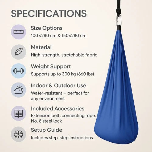 Unisex sensory swing hammock for indoor and outdoor use, blue, crafted fabric supporting up to 300 kg, transforms any space.