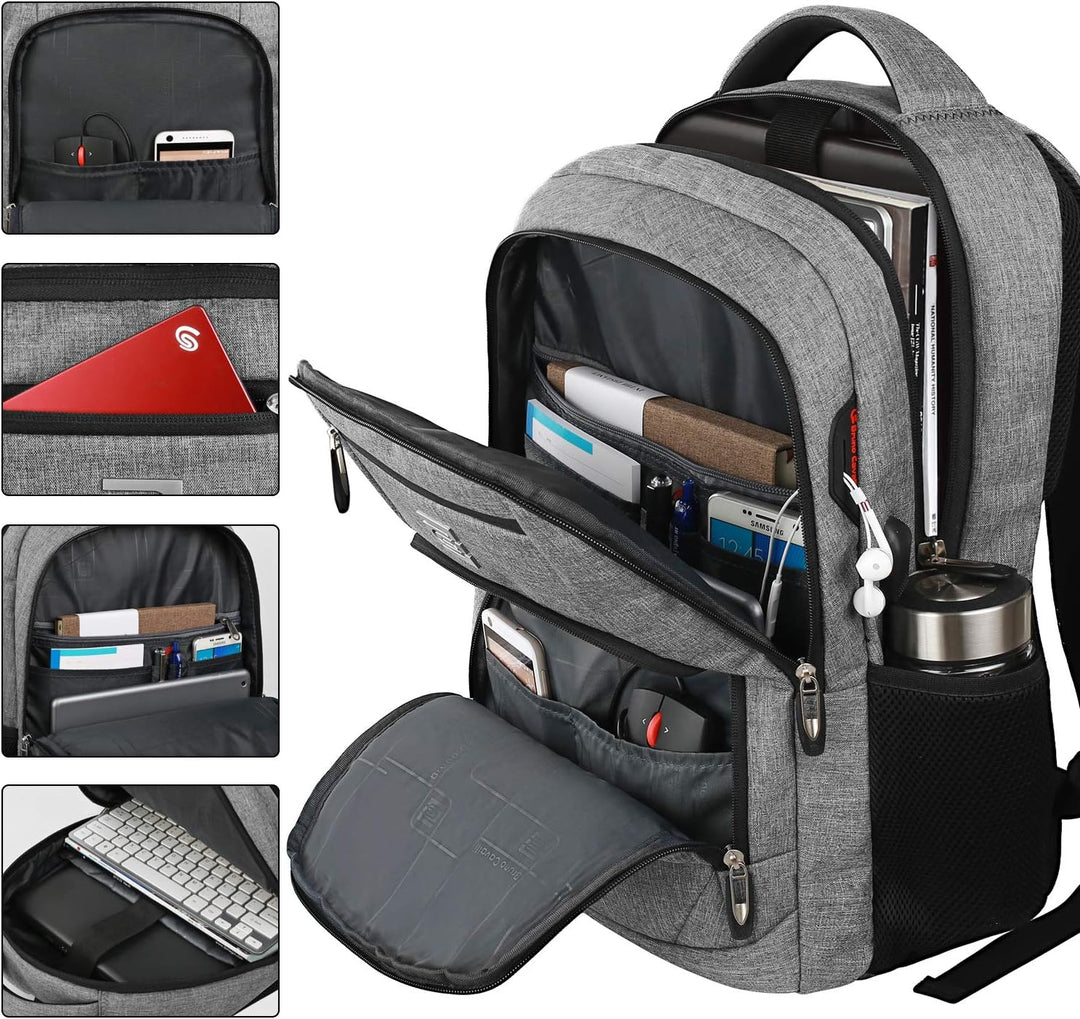 Smart USB charging backpack, anti-theft design, slim profile, ideal for laptops & tablets.