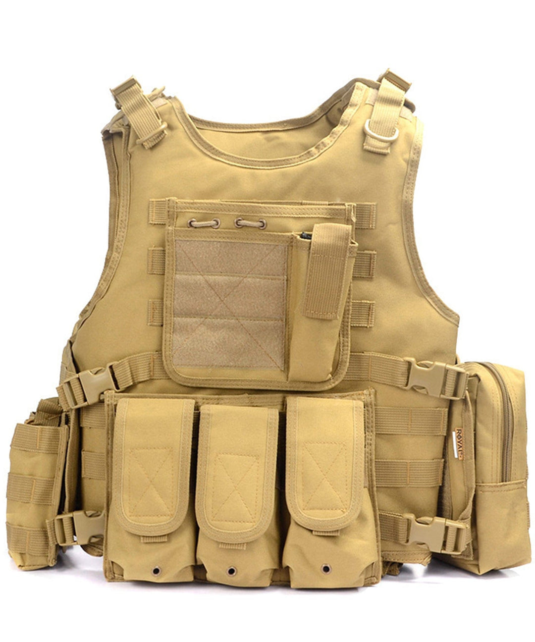 Unisex tactical combat vest in black, multi-pocket design for outdoor activities like airsoft, hunting, and military training