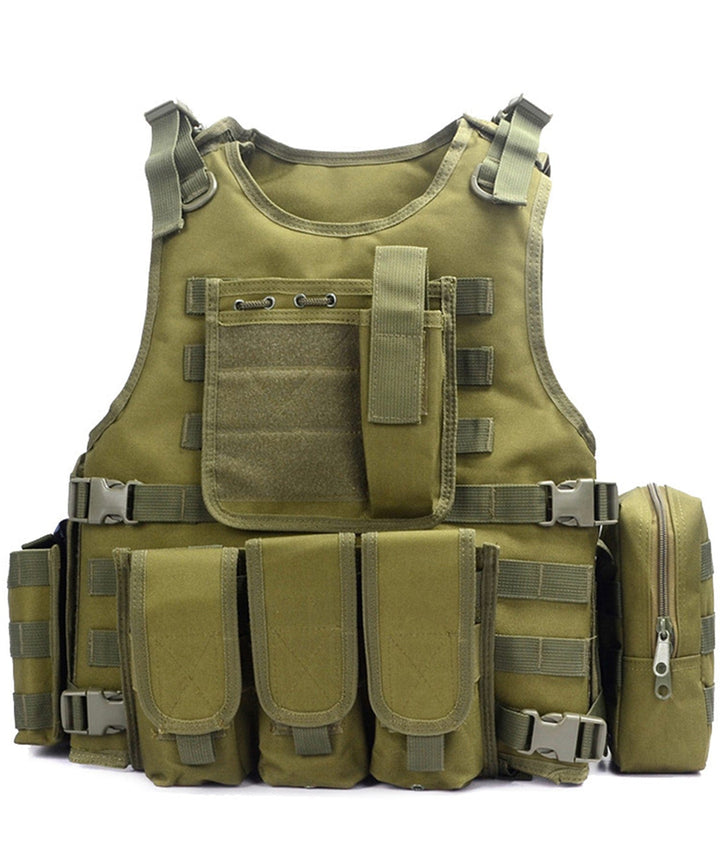 Front view of a rugged, multi-pocket tactical combat vest, suitable for airsoft, hunting, and outdoor adventures
