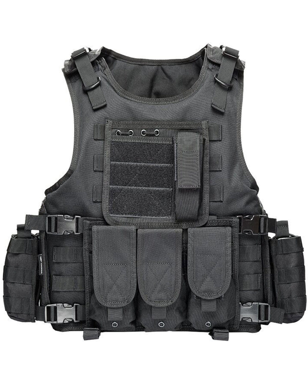 Side view of a military-style unisex hunting vest, showing secure buckles and numerous utility pockets for equipment