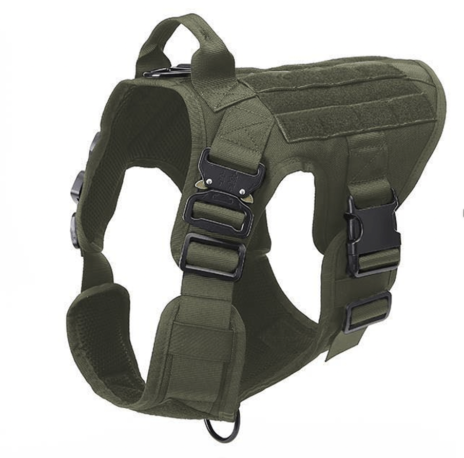 Unisex tactical dog harness in olive green for adventure and training, durable pet supplies.