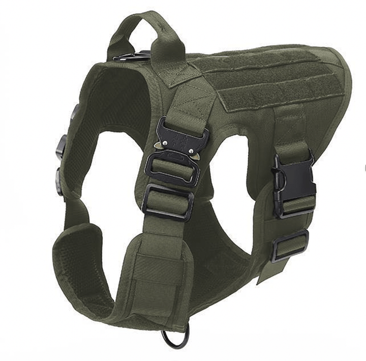 Unisex tactical dog harness in olive green for adventure and training, durable pet supplies.