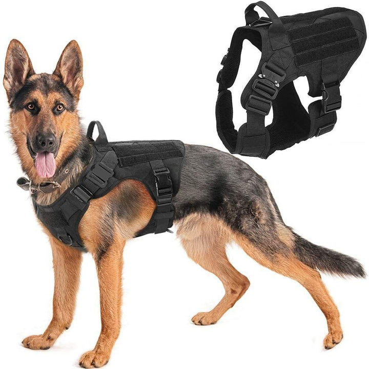 Reflective tactical dog harness for safety during night walks and outdoor pet adventures.