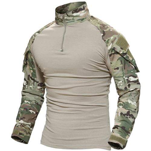 Back view of a Unisex Tactical Outdoor Combat Shirt in tan, suitable for hunting and outdoor sports