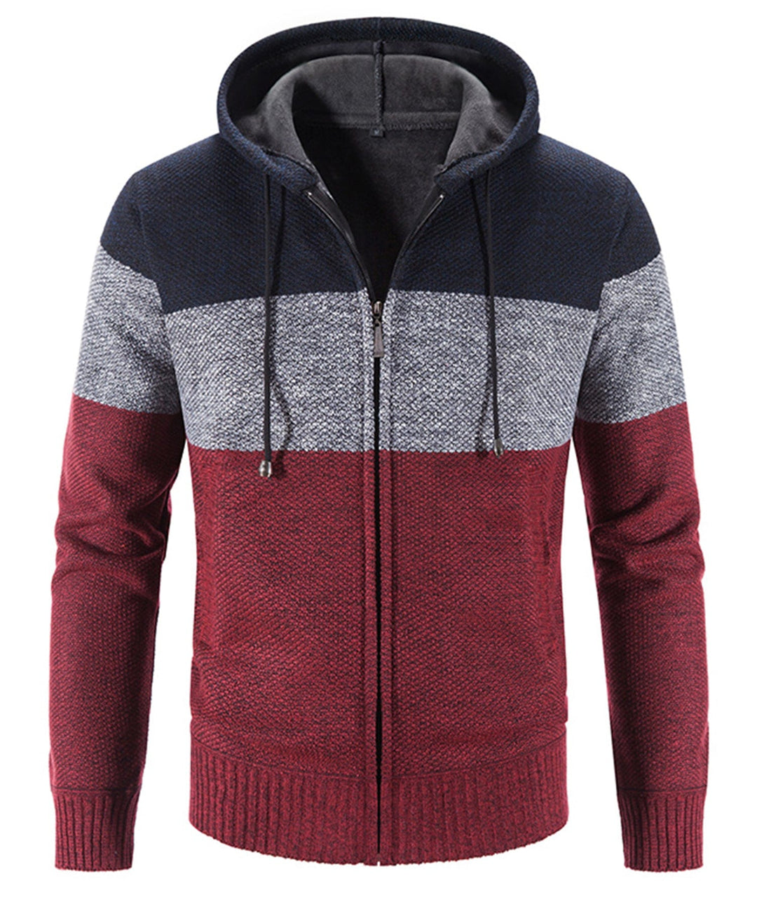 Model wearing a tri-tone knit performance hoodie, demonstrating its casual yet athletic appeal.