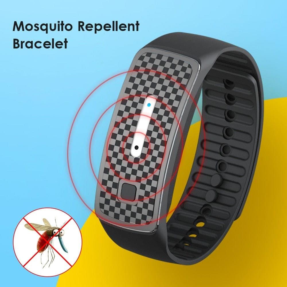 Unisex Ultrasonic Mosquito Repellent Bracelet in black, blue, or pink; sleek USB rechargeable design for stylish protection.