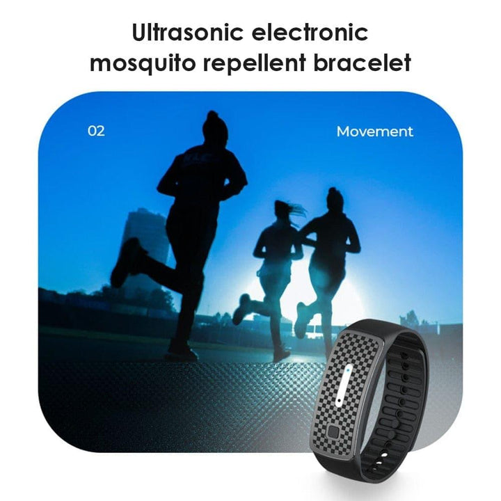 Unisex Ultrasonic Mosquito Repellent Bracelet in black, blue, or pink; sleek USB rechargeable design for stylish protection.