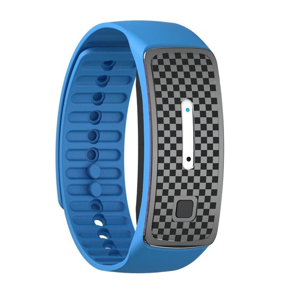 Unisex Ultrasonic Mosquito Repellent Bracelet in black, blue, or pink; sleek USB rechargeable design for stylish protection.