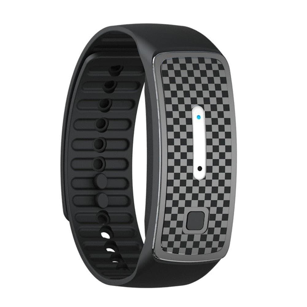 Unisex Ultrasonic Mosquito Repellent Bracelet in black, blue, or pink; sleek USB rechargeable design for stylish protection.